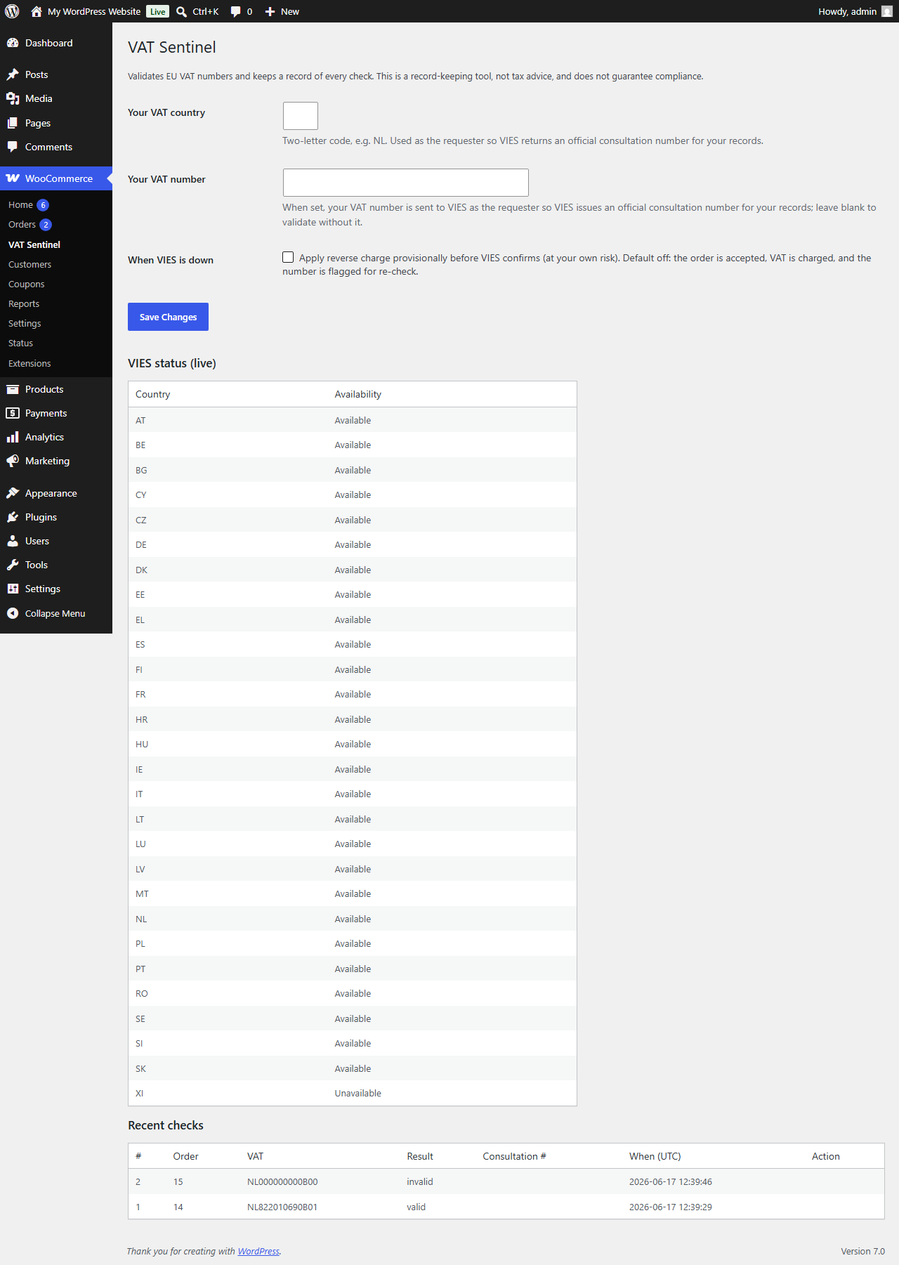 VAT Sentinel recent checks log with timestamps