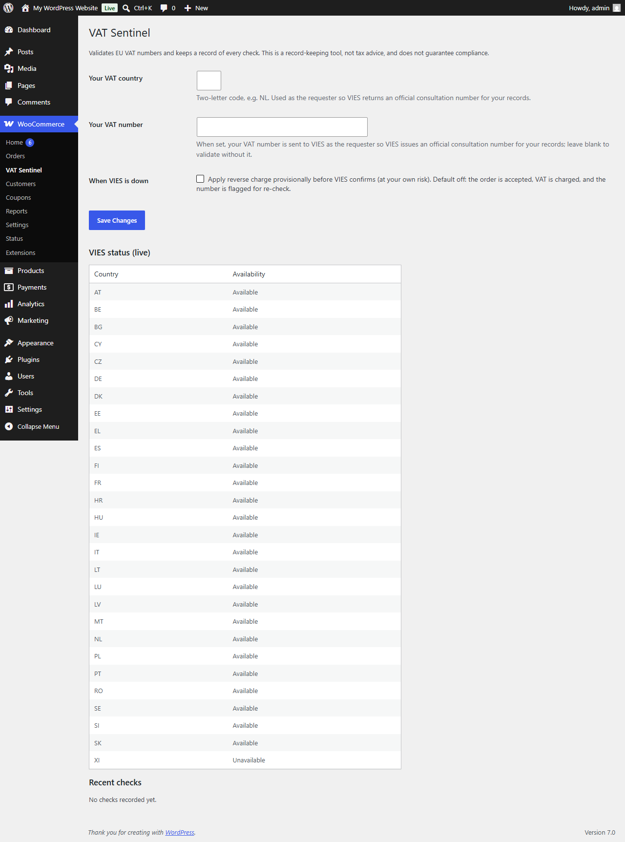 VAT Sentinel admin panel showing live per-country VIES availability
